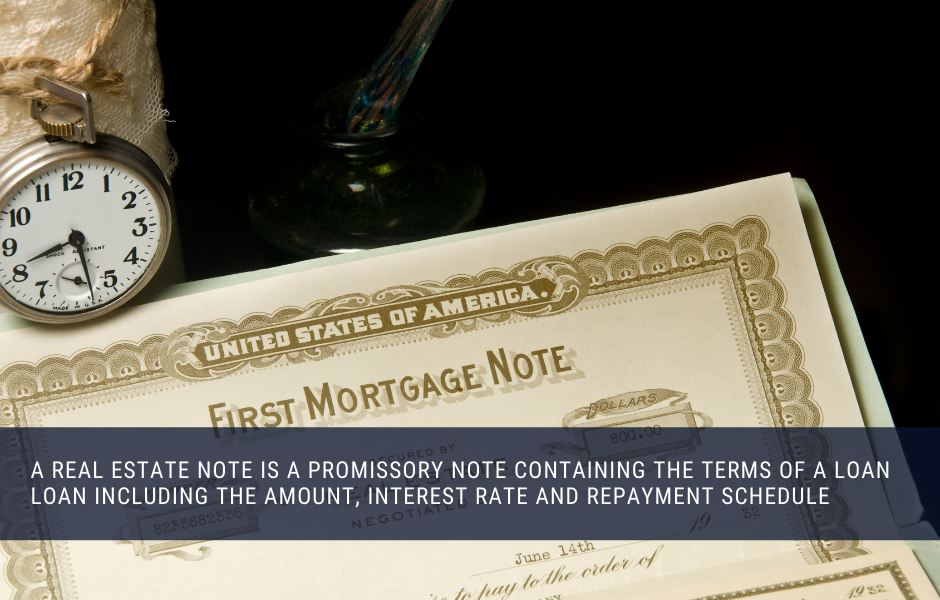 A real estate note is a promissory note containing the terms of a loan loan including the amount, interest rate and repayment schedule