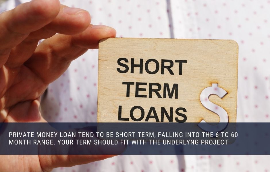 private money loan tend to be short term, falling into the 6 to 60 month range. your term should fit with the underlying project