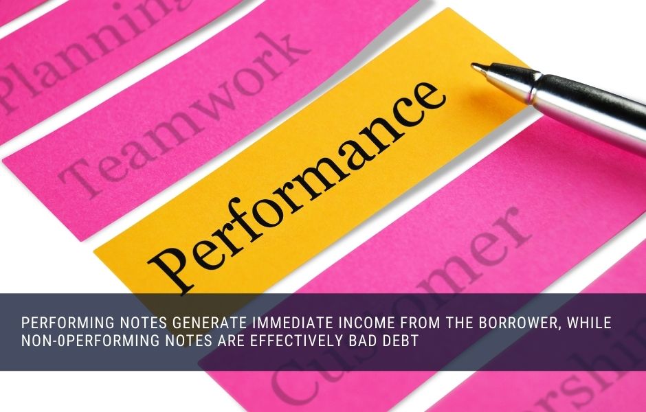 Performing notes generate immediate monthly income, while non performing notes are bad debt