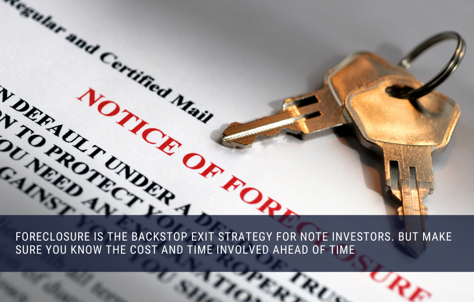 Foreclosure is the backstop exit strategy for note investors. But make sure you know the cost and time involved ahead of time