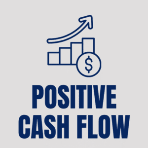 Illustration of a rising bar chart with a dollar coin, accompanied by the bold text 'POSITIVE CASH FLOW'.
