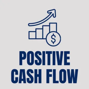 Illustration of a rising bar chart with a dollar coin, accompanied by the bold text 'POSITIVE CASH FLOW'.