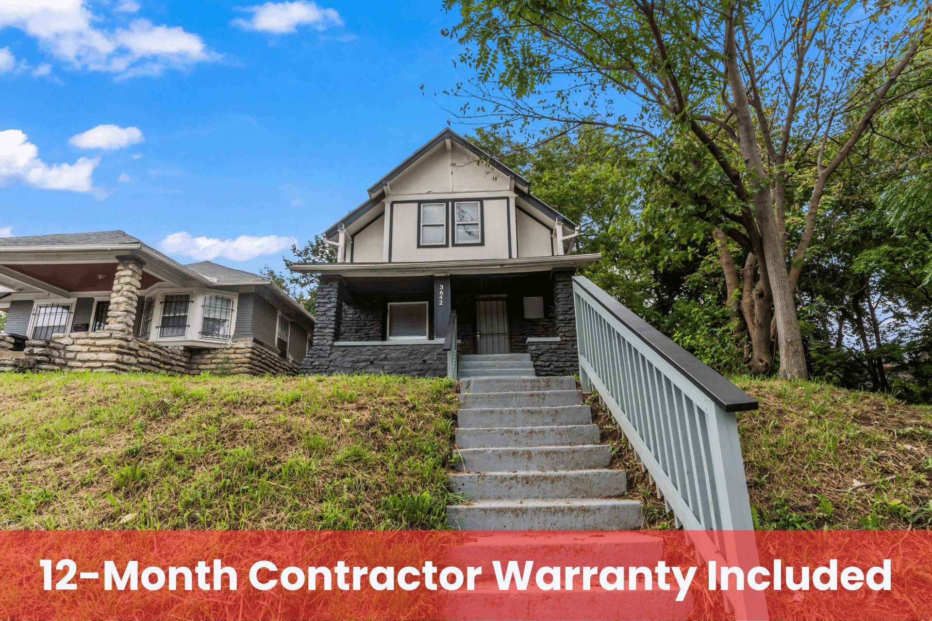Front view of a two-story house with concrete steps and a large tree to the right; a red banner at the bottom reads '12-Month Contractor Warranty Included'.