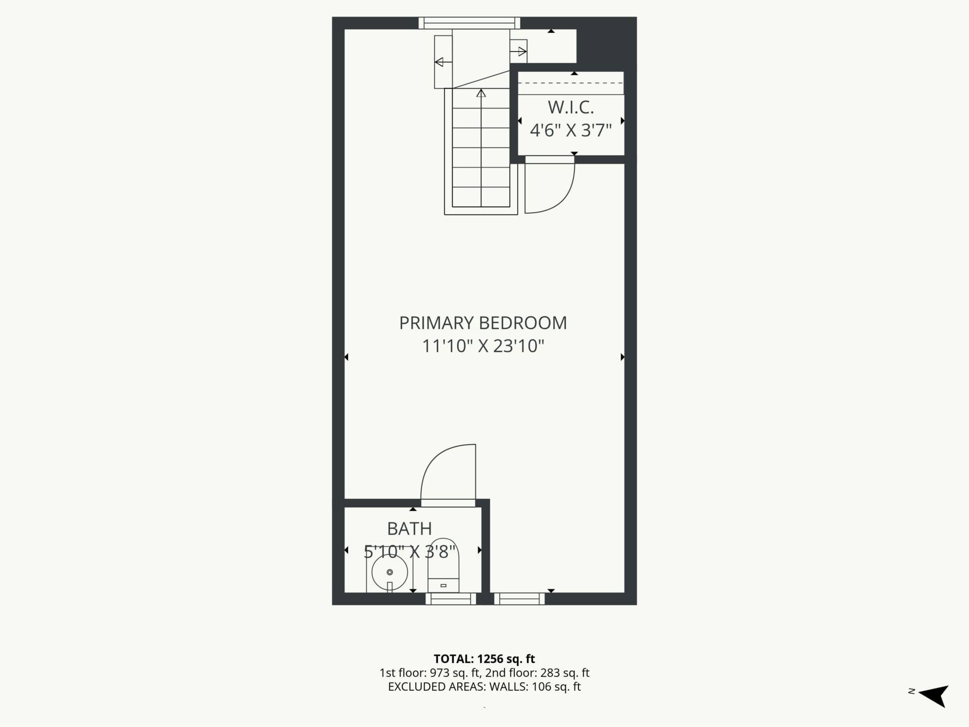 Floor plan of a small apartment: large primary bedroom, walk-in closet, and a compact bathroom; total area shown below.