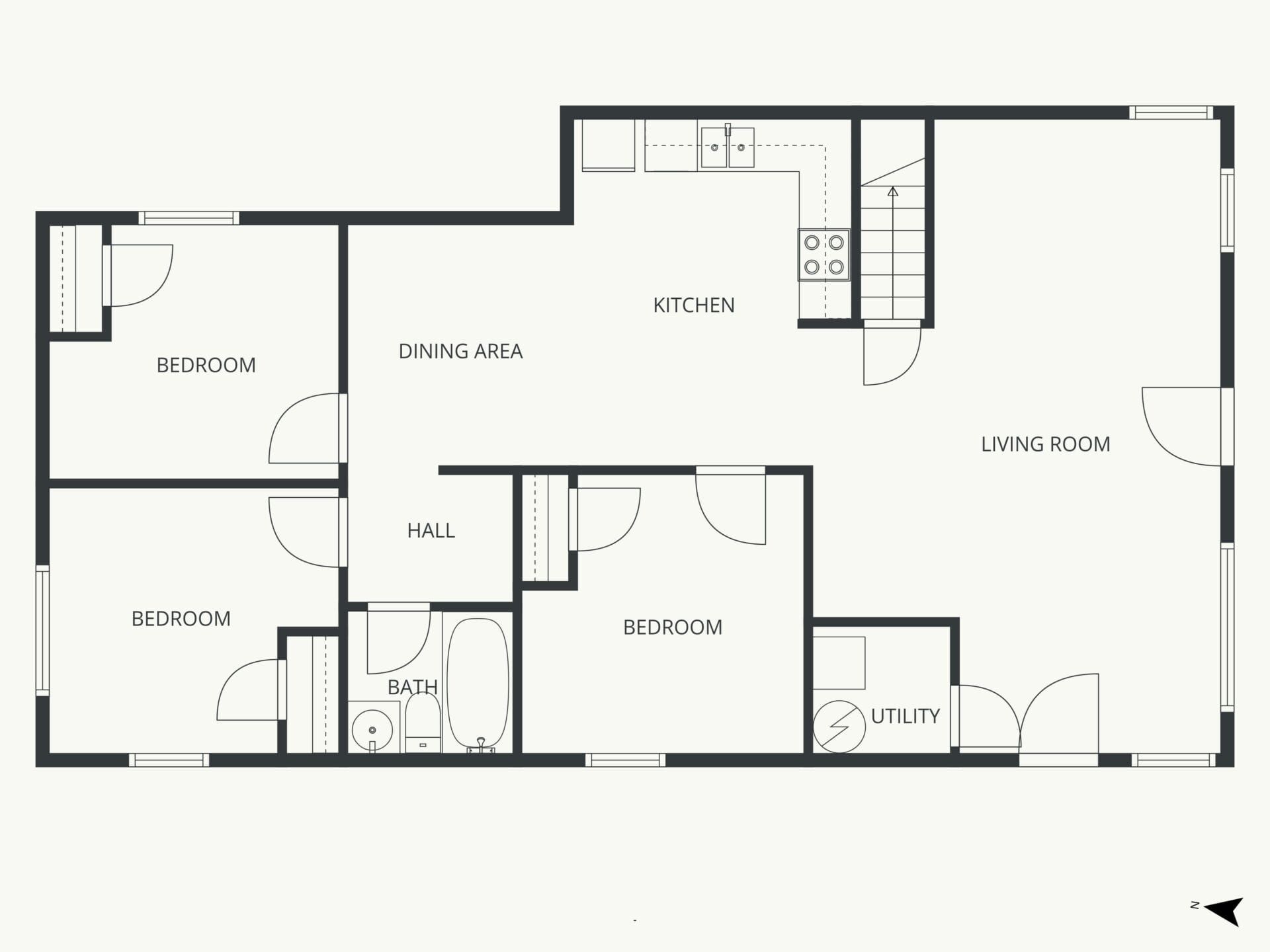 Architectural floor plan of a home showing labeled rooms: living room, dining area, kitchen, hall, Bath, Utility, and several bedrooms with doors and stairs visible.