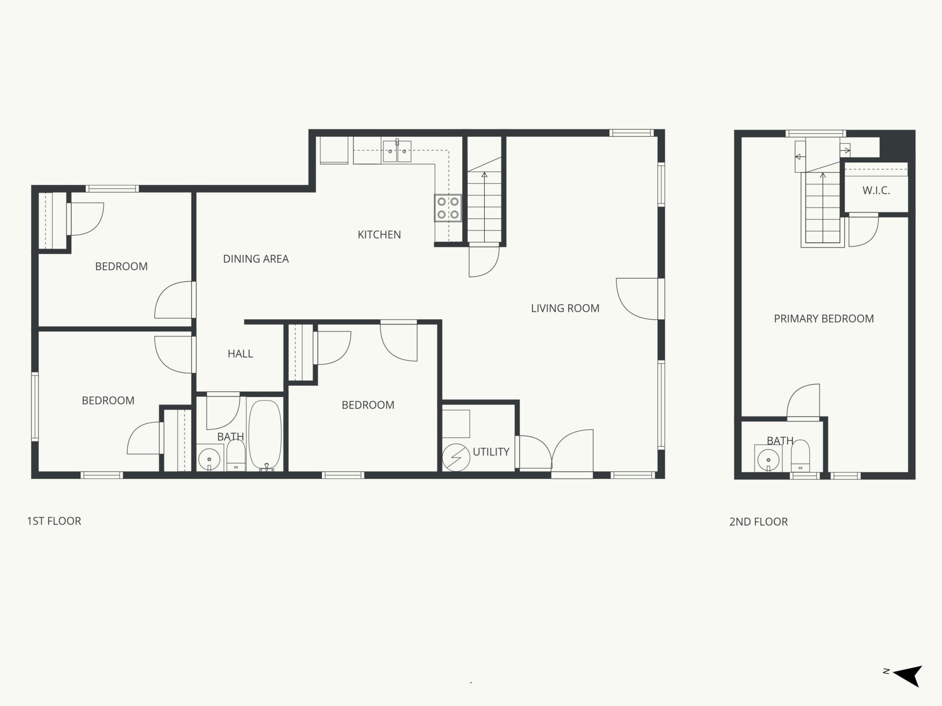 Floor plan of a two-story home showing labeled rooms (bedrooms, kitchen, living room, dining area, baths, utility) and stairs between floors.