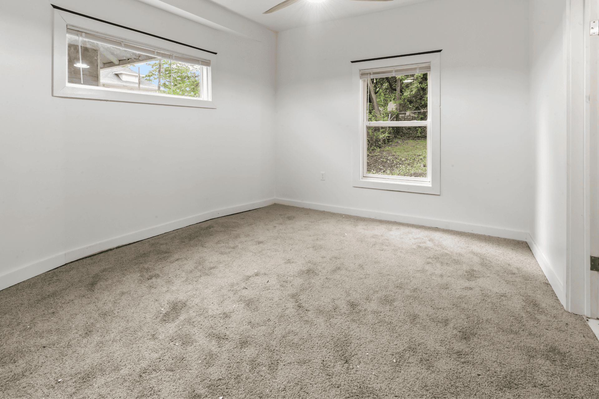 Empty white bedroom with beige carpet, two windows letting in natural light, and a ceiling fan.