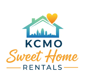KCMO Sweet Home Rentals logo: teal house outline with city skyline inside and a yellow heart above, with blue text beneath.